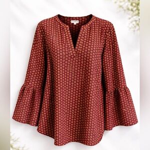 J.Crew Burgundy Medallion Print Bell Sleeve Blouse Size L